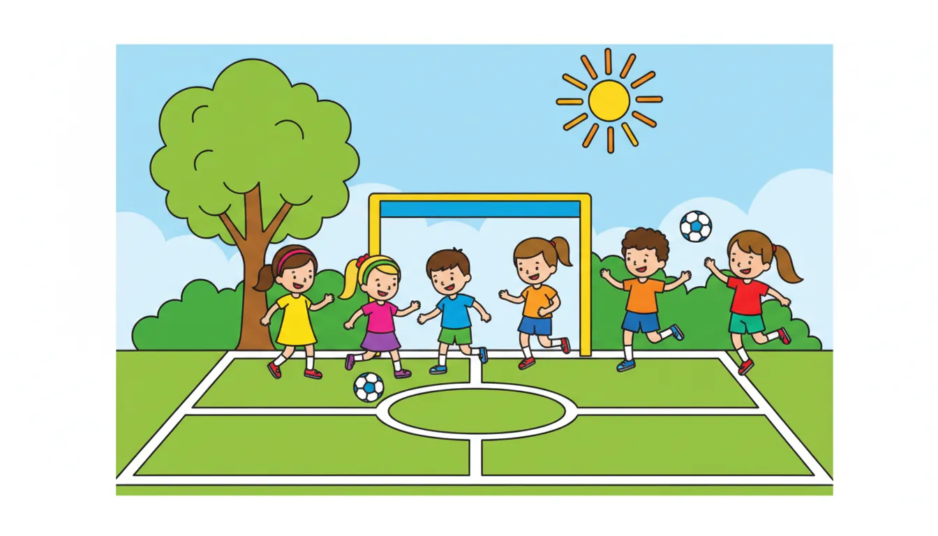 Children playing soccer on sunny field coloring page to print