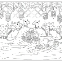 desert oasis Christmas picnic with camels and lanterns