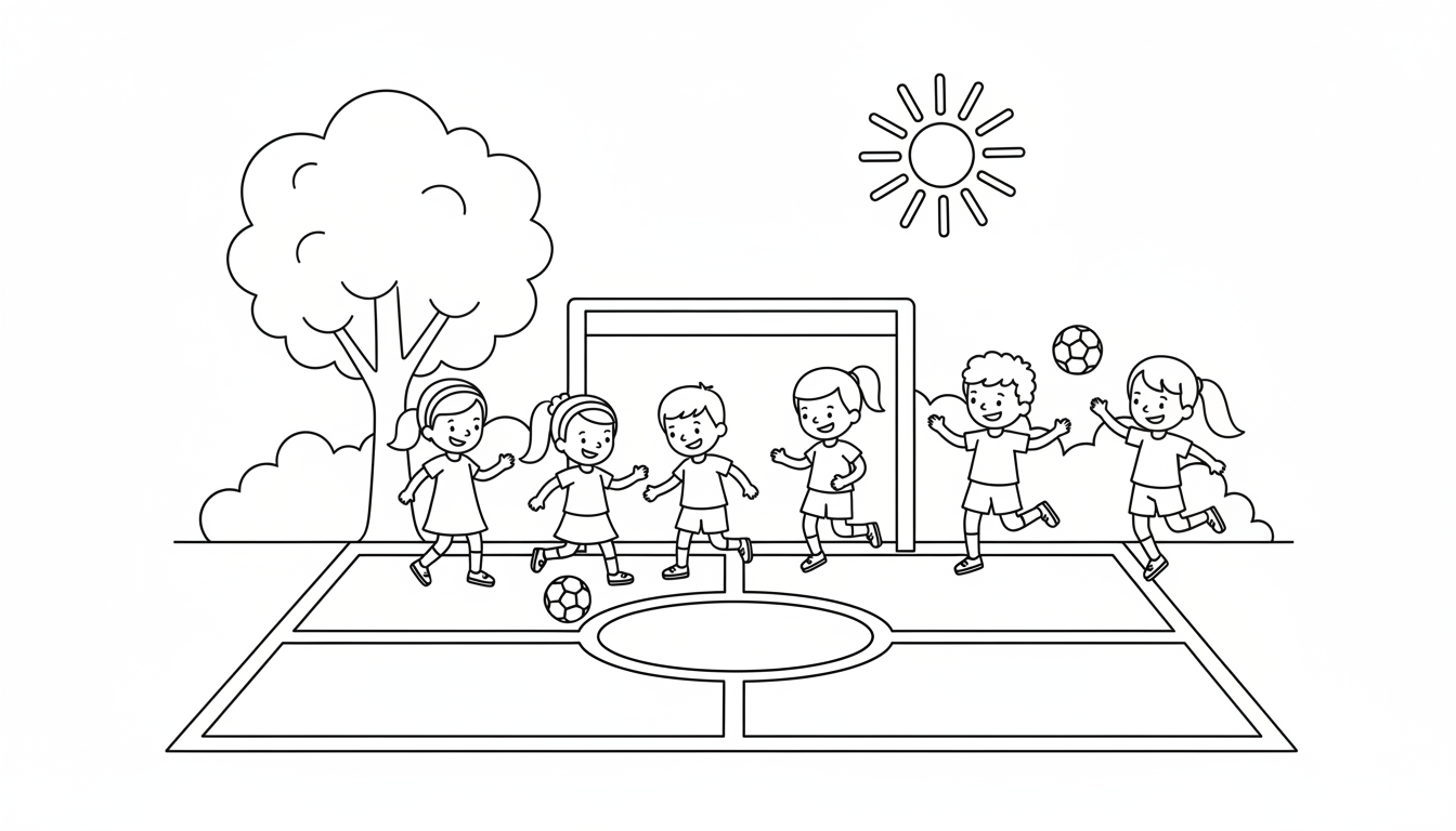 Children playing soccer on sunny field coloring page to print