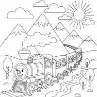 A colorful train chugging through the mountains with passengers looking out the windows.