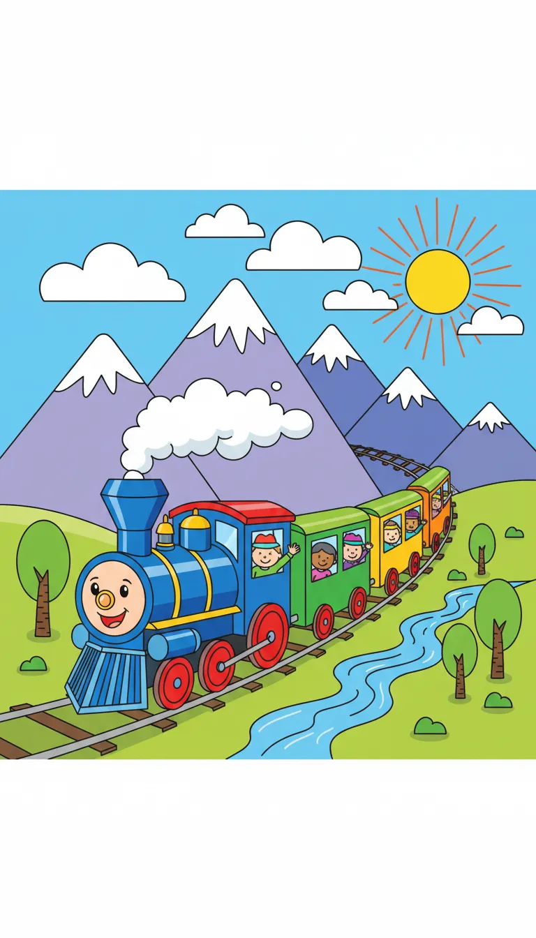 A colorful train chugging through the mountains with passengers looking out the windows. coloring page to print