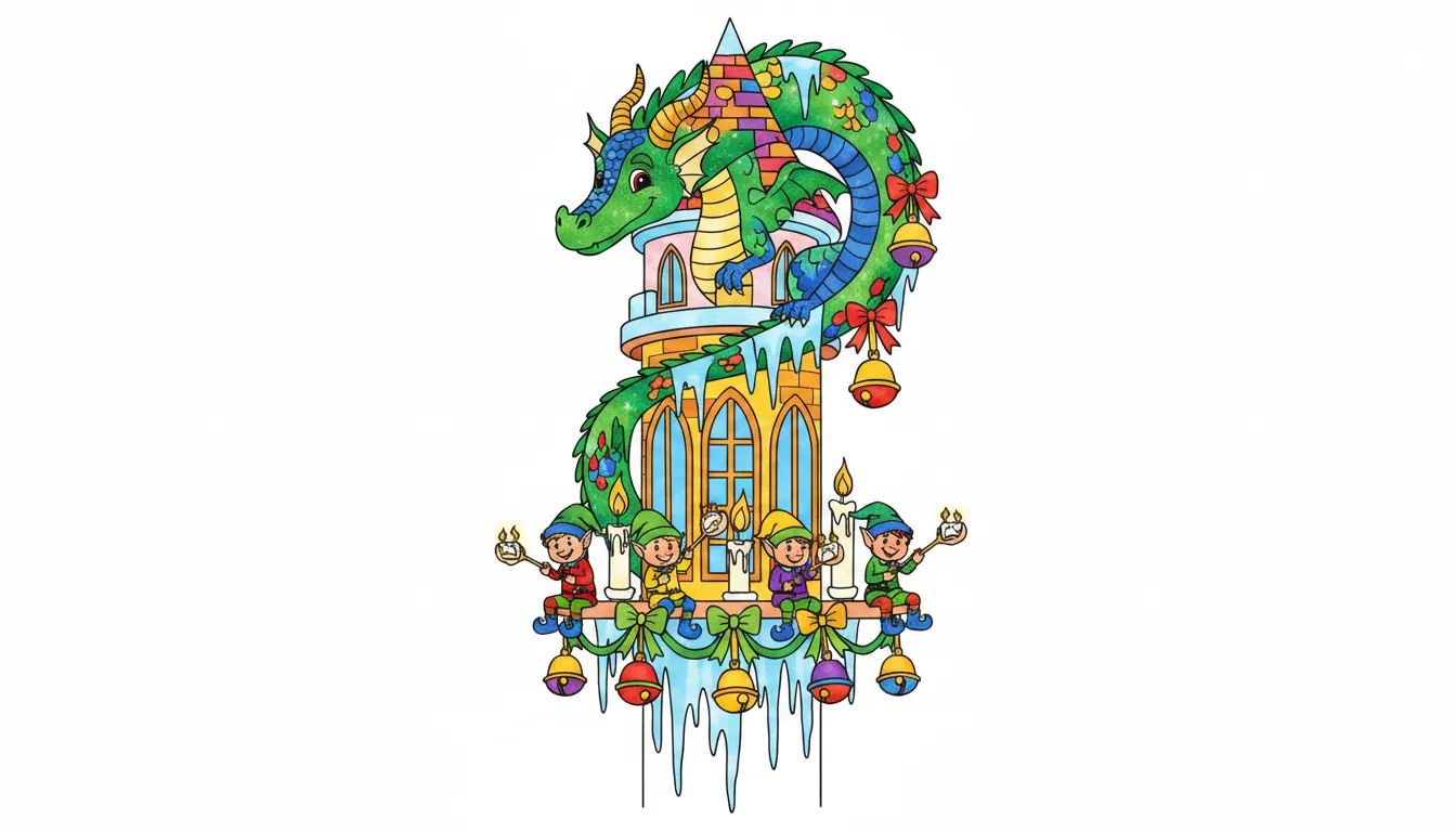 A cozy dragon in a fantasy tower decorates a spiral of icicles with jingling bells while tiny elves roast chestnuts on a floating candle chandelier. coloring page to print