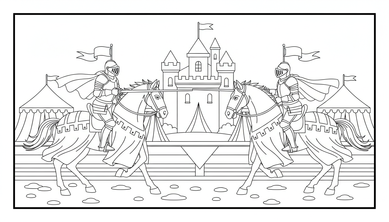 A medieval knight jousting on horseback during a tournament. coloring page to print