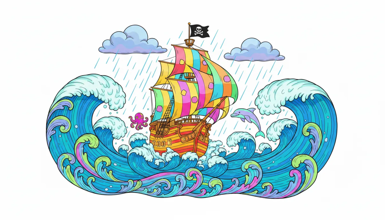 Pirate ship sailing on stormy sea coloring page to print