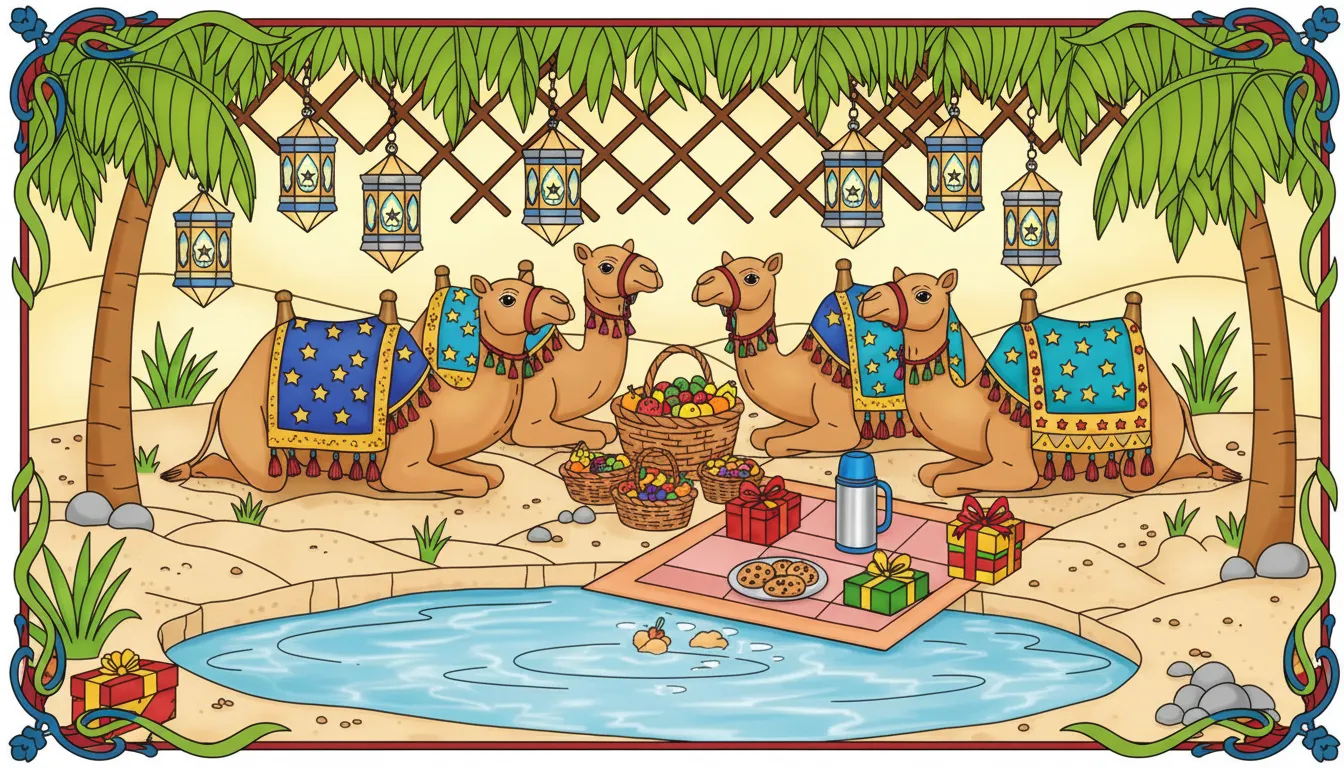desert oasis Christmas picnic with camels and lanterns coloring page to print