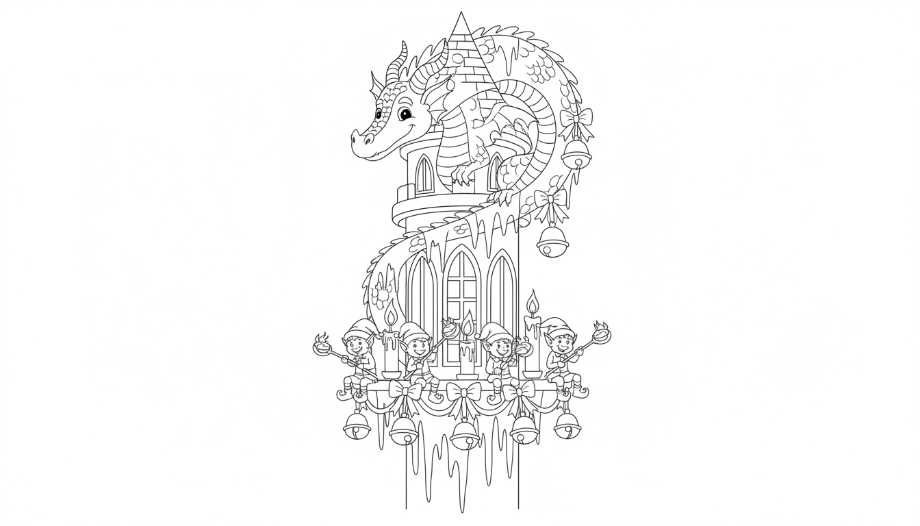 A cozy dragon in a fantasy tower decorates a spiral of icicles with jingling bells while tiny elves roast chestnuts on a floating candle chandelier. coloring page to print