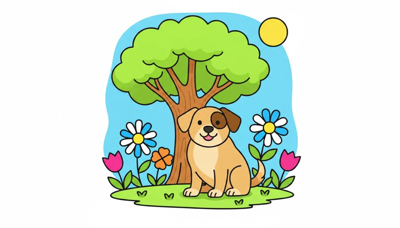 A cute dog sitting under a tree in a park with flowers around it. coloring page to print