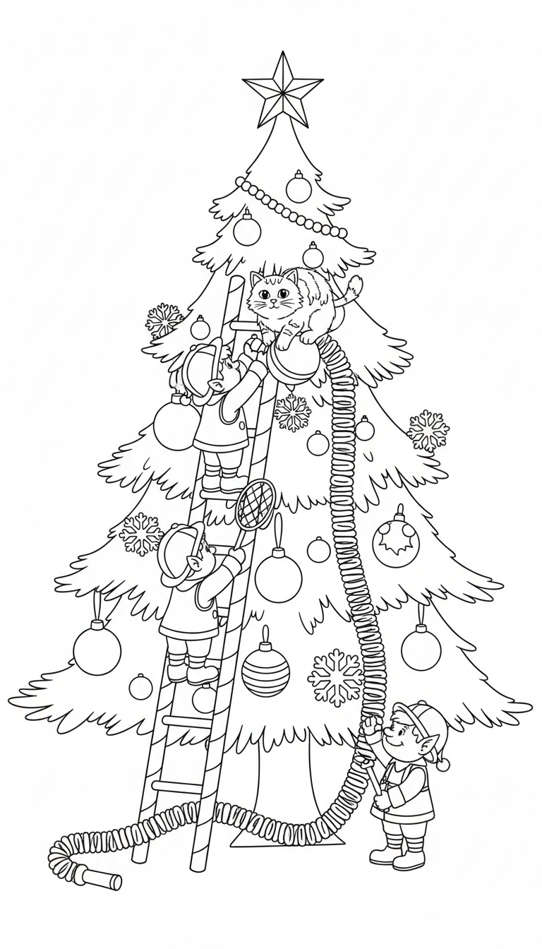 Christmas elf firefighter rescuing cat from tree coloring page to print