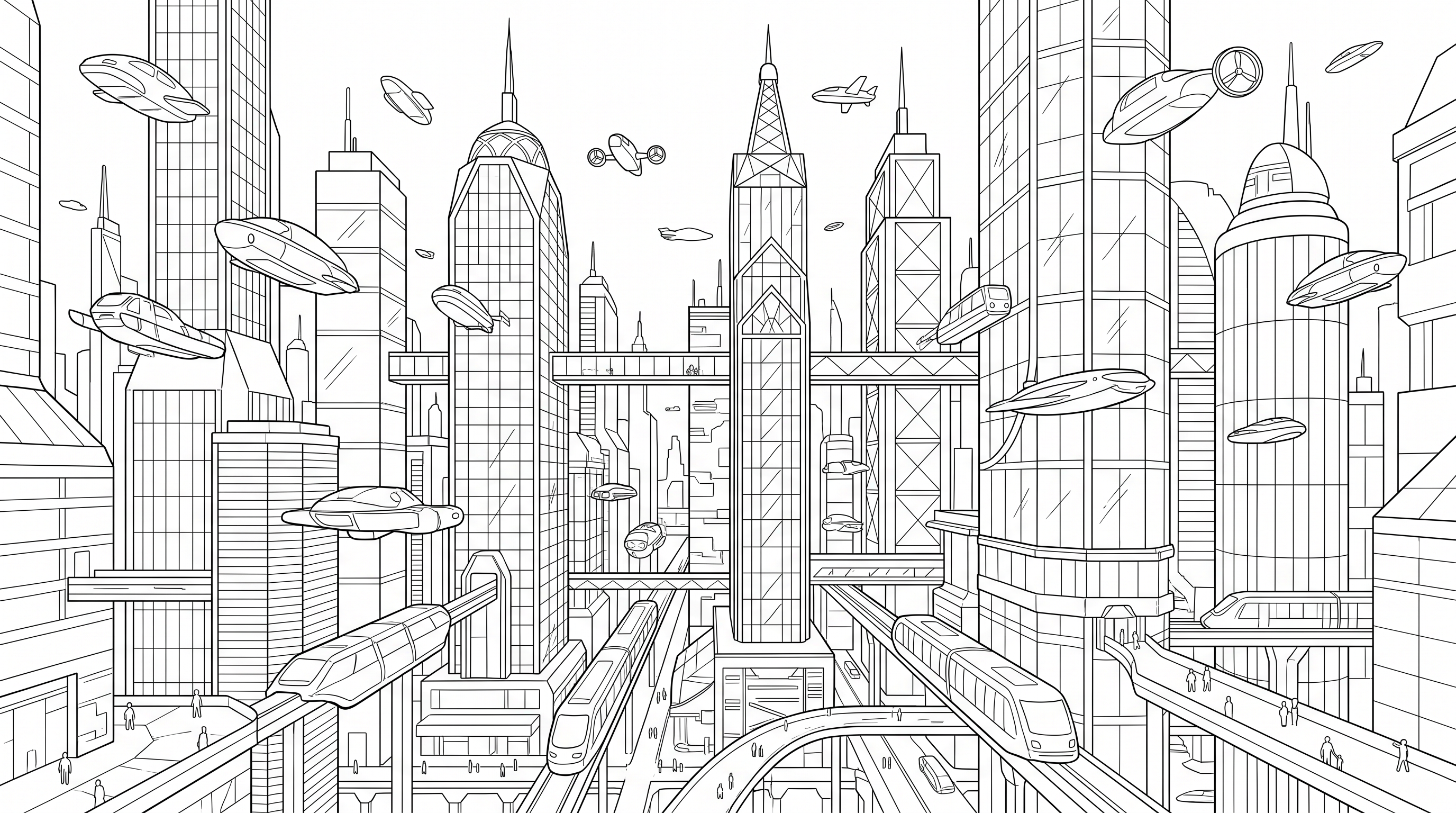 futuristic city with flying taxis and skyscrapers coloring page to print