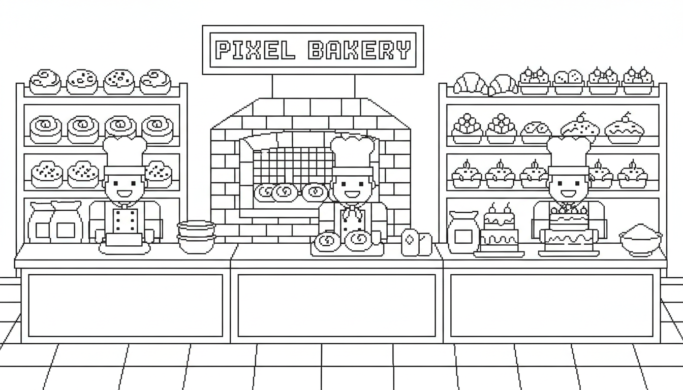 Busy bakery with bakers and baked goods coloring page to print