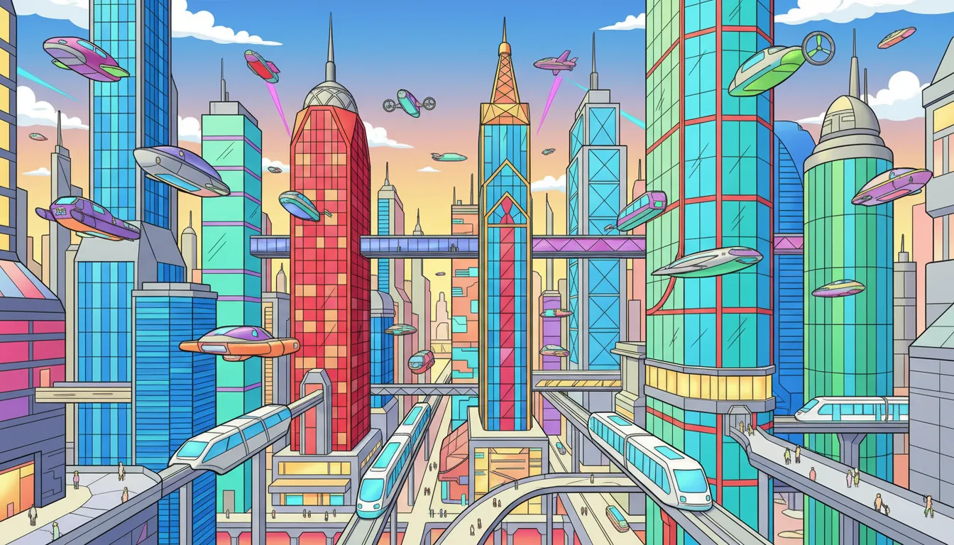 futuristic city with flying taxis and skyscrapers coloring page to print