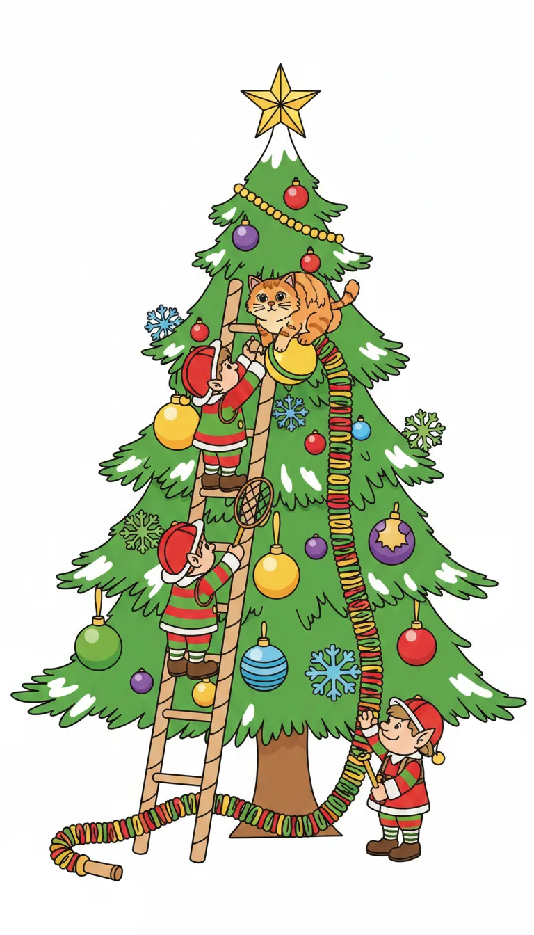 Christmas elf firefighter rescuing cat from tree coloring page to print