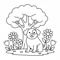 A cute dog sitting under a tree in a park with flowers around it.