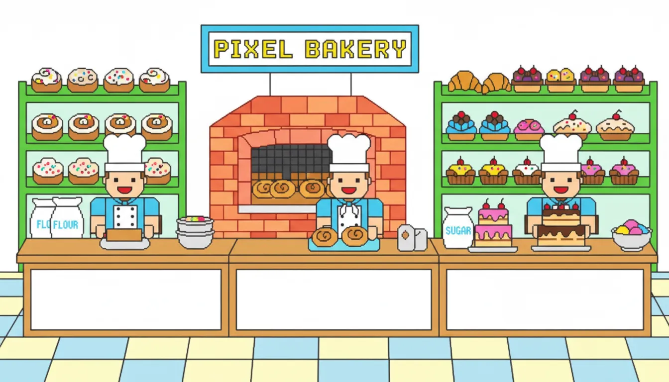 Busy bakery with bakers and baked goods coloring page to print
