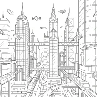 futuristic city with flying taxis and skyscrapers