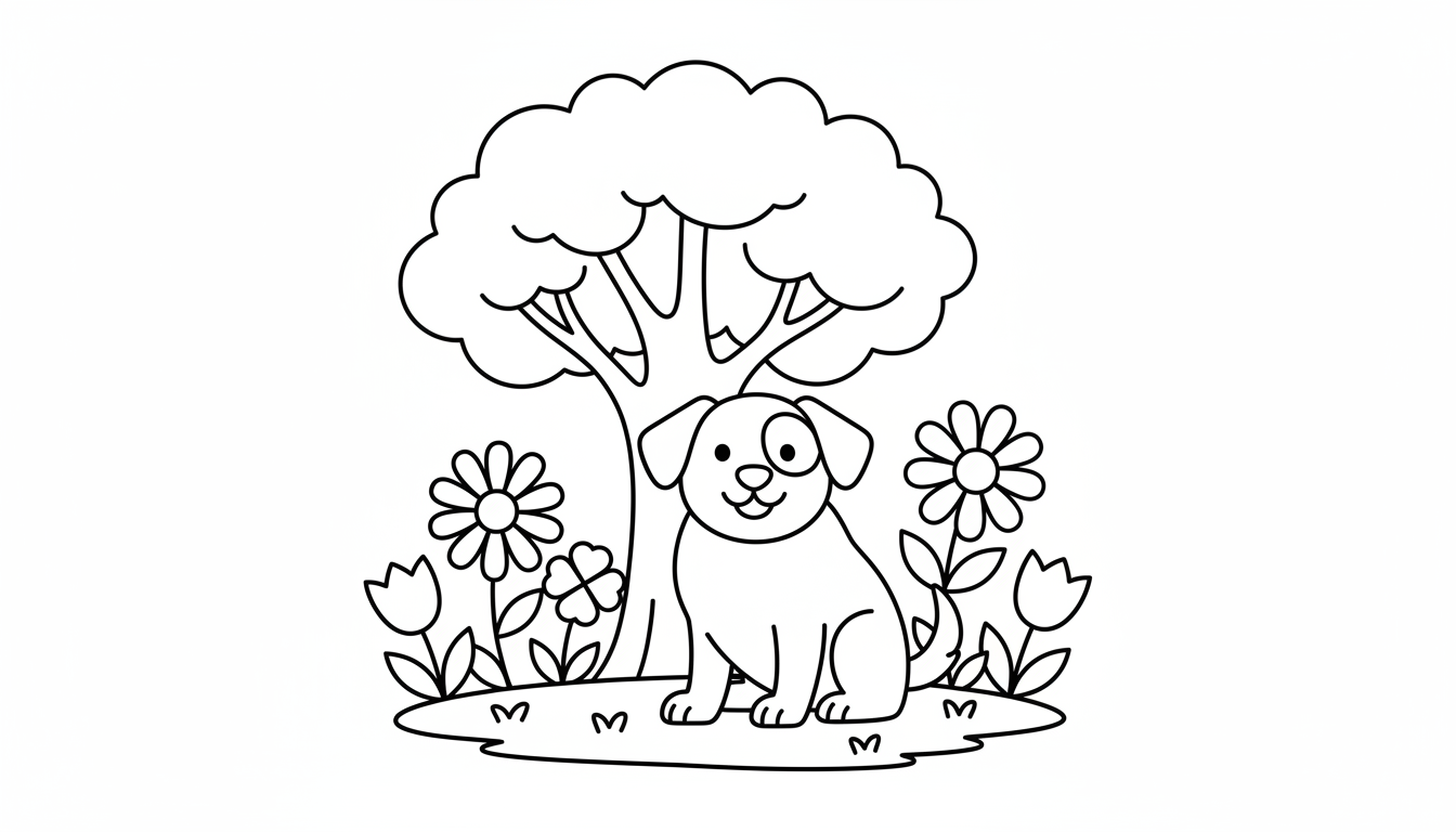 A cute dog sitting under a tree in a park with flowers around it. coloring page to print