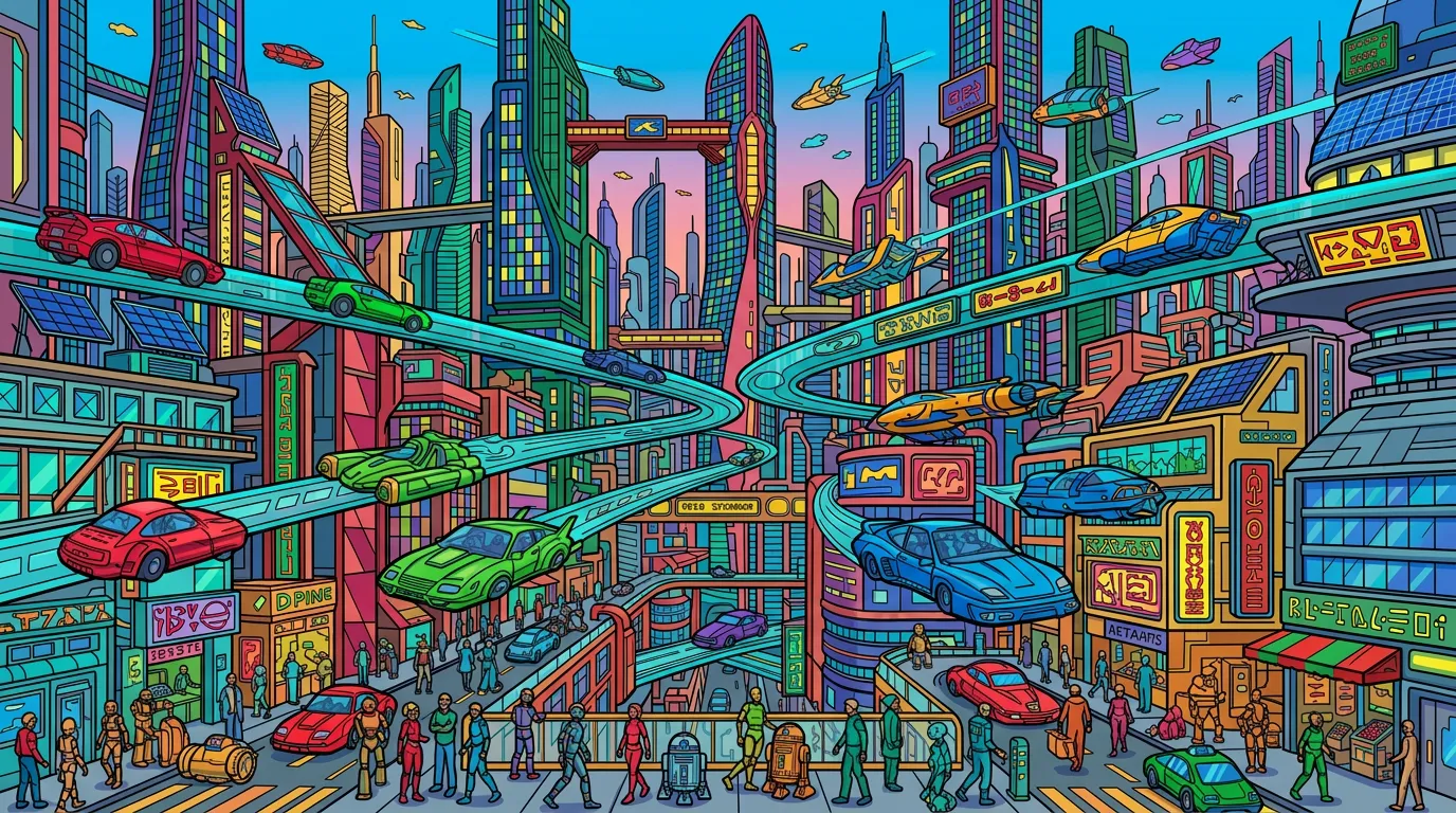 futuristic city with flying cars and robots coloring page to print