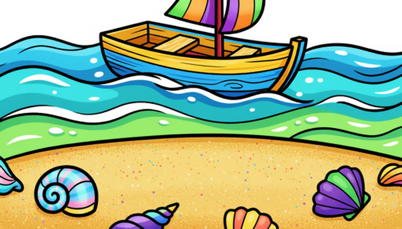 small boat on beach with seashells coloring page to print