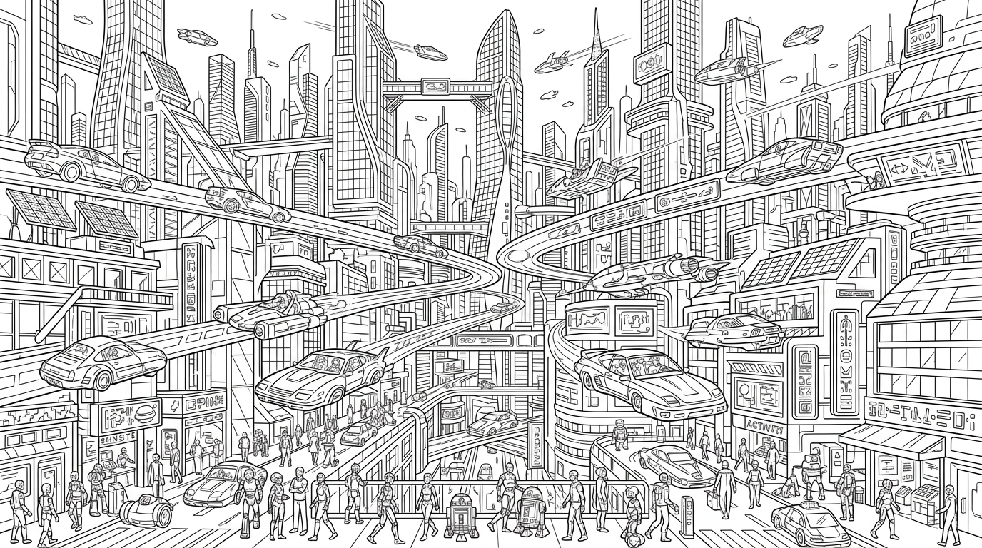 futuristic city with flying cars and robots coloring page to print