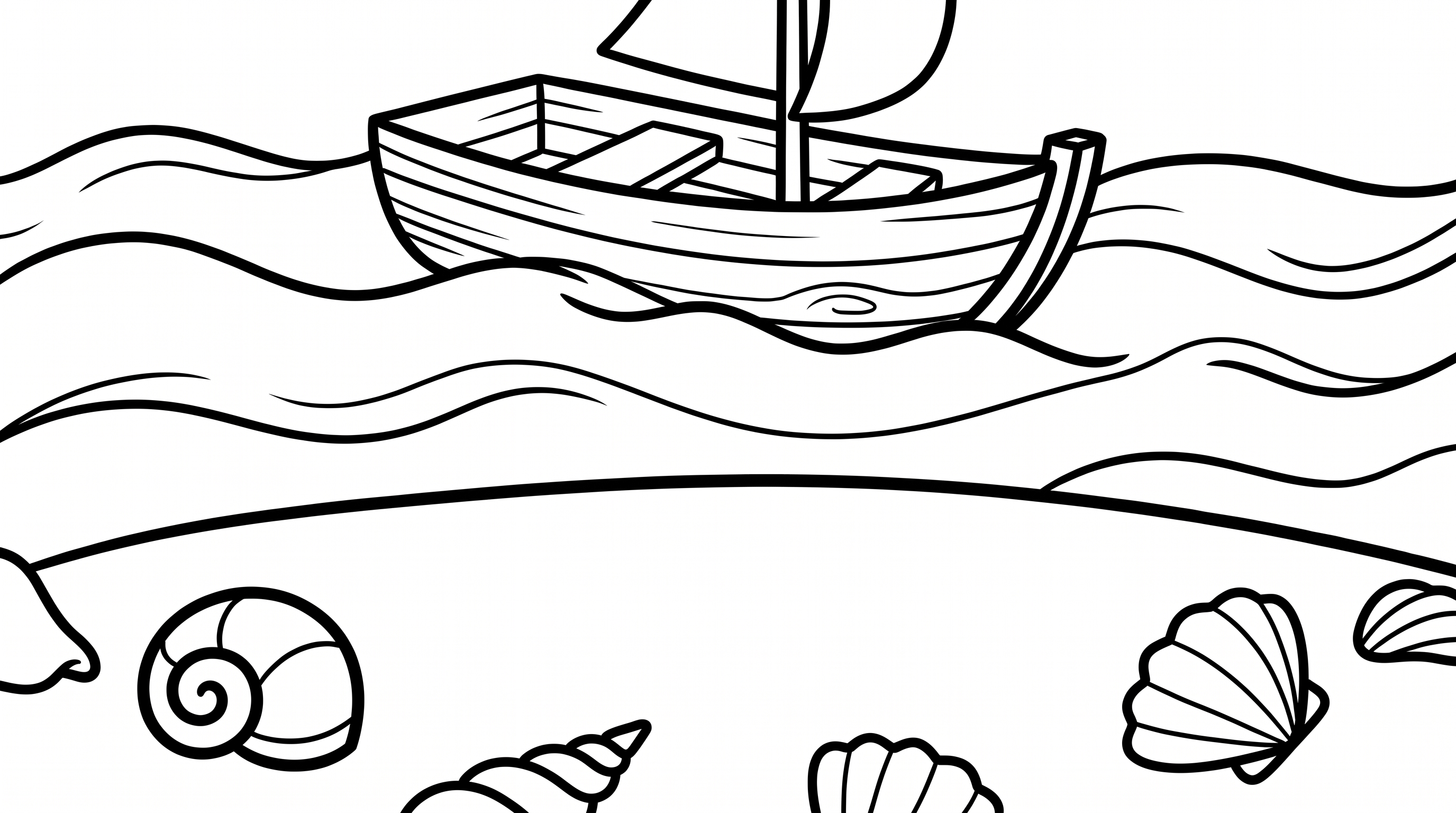 small boat on beach with seashells coloring page to print
