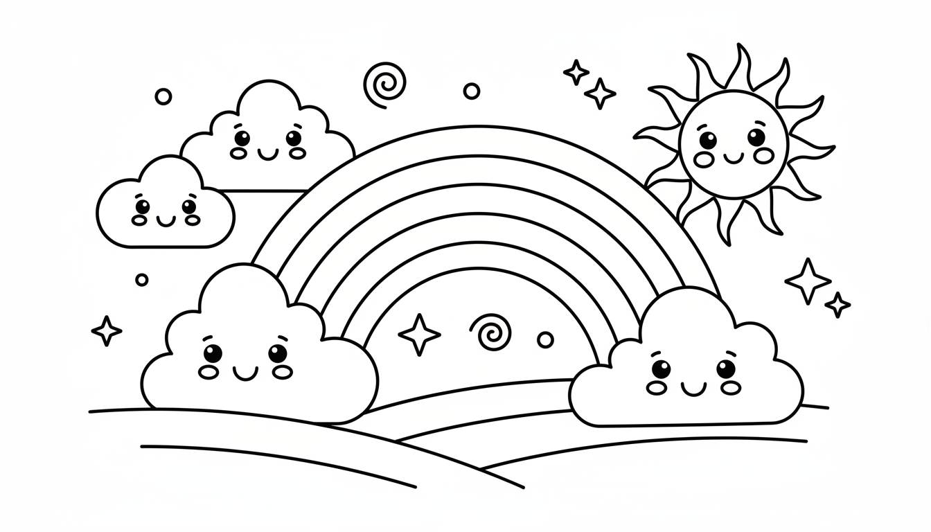 cheerful rainbow over a field with clouds and sun coloring page to print