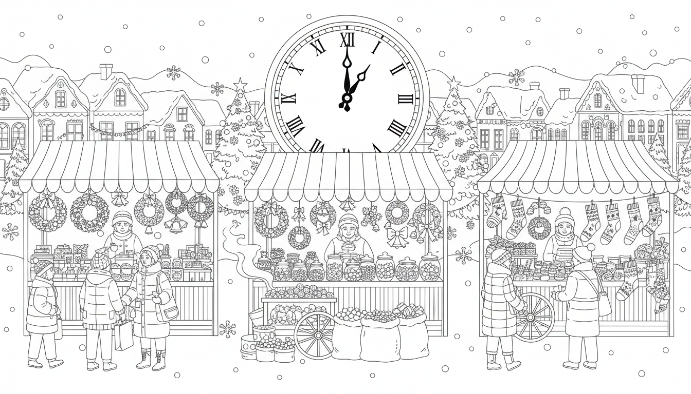 Christmas village square with market and advent calendar coloring page to print