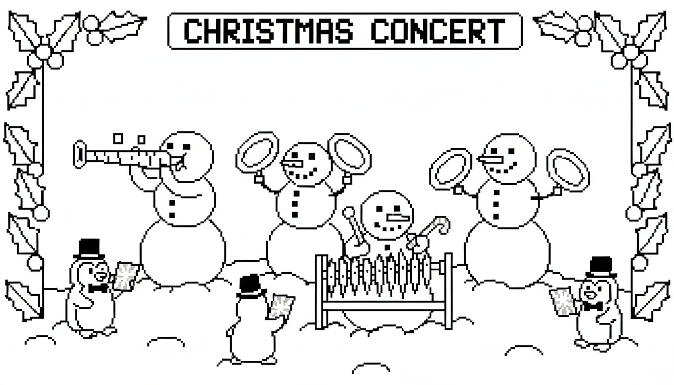 Funny snowman orchestra at Christmas coloring page to print