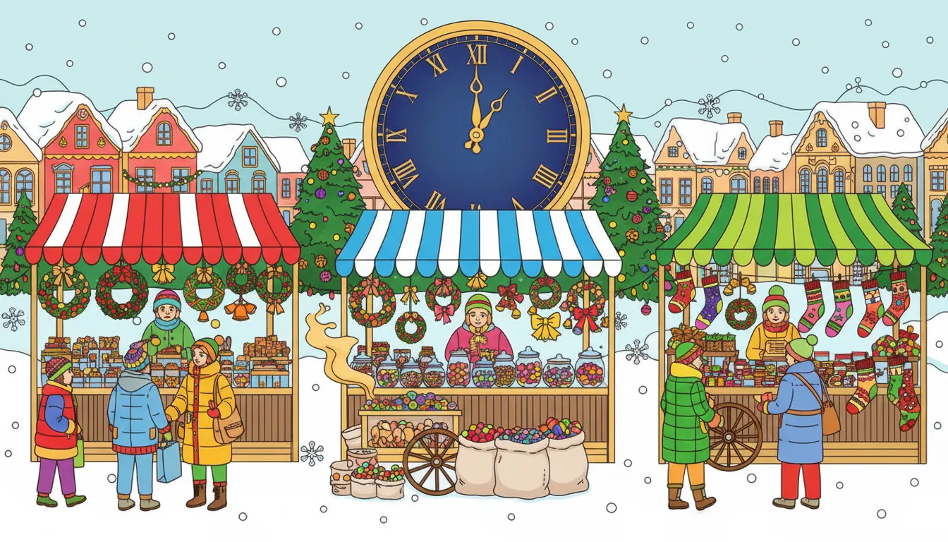 Christmas village square with market and advent calendar coloring page to print