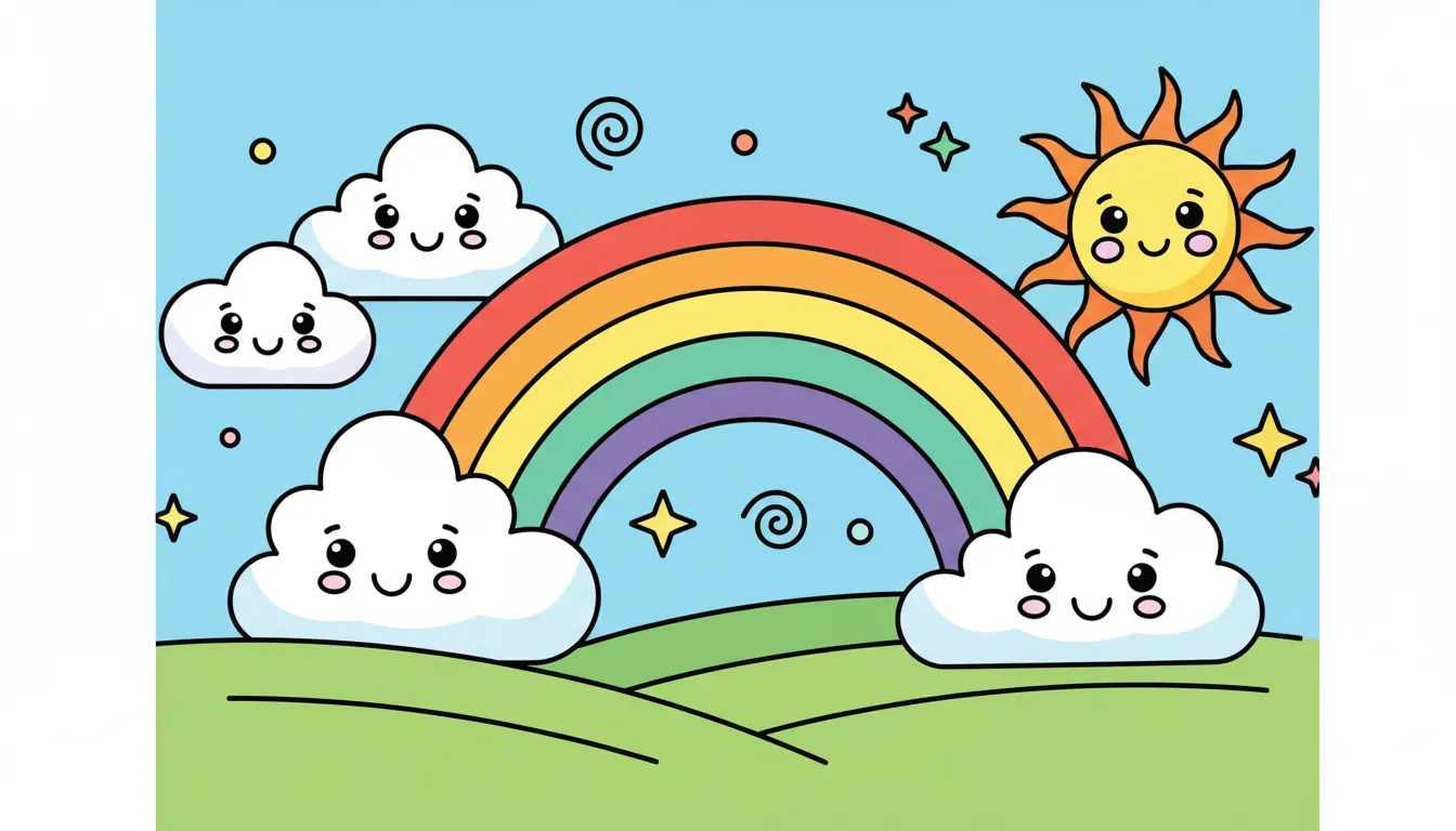 cheerful rainbow over a field with clouds and sun coloring page to print
