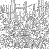 futuristic city with flying cars and robots