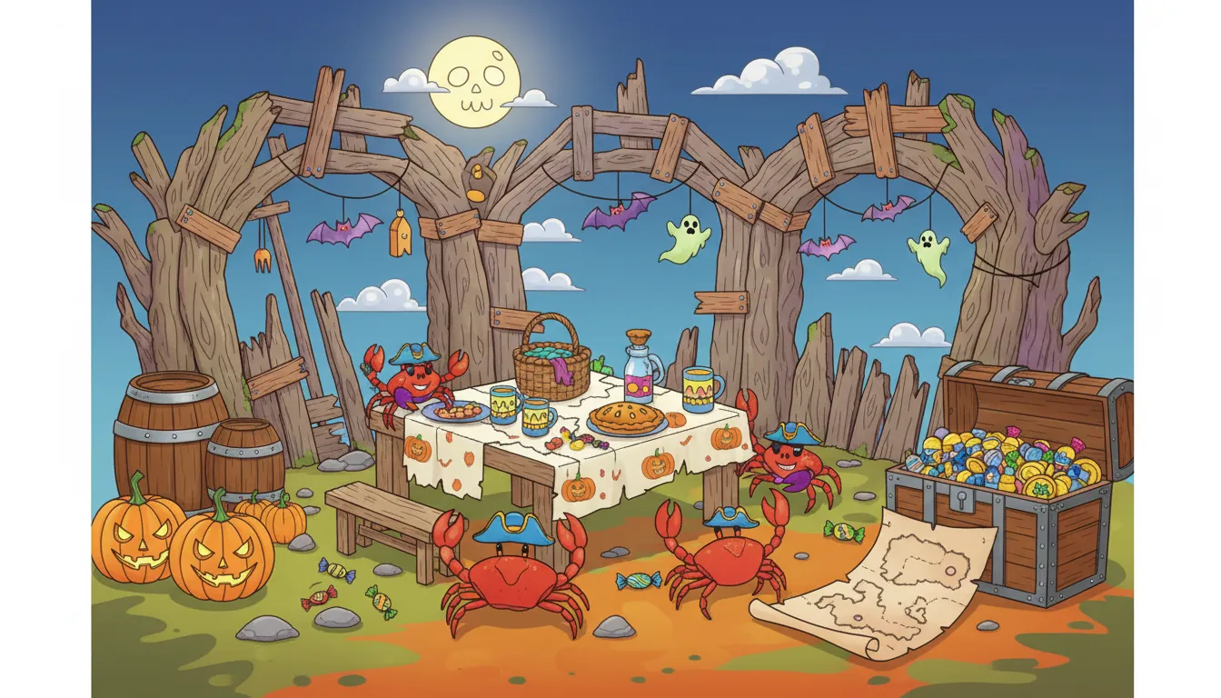 pirate shipwreck Halloween picnic with crabs and treasure coloring page to print