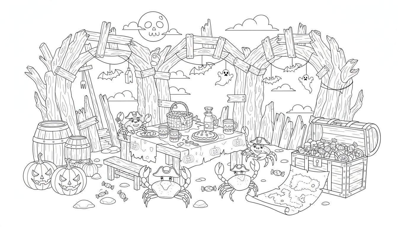 pirate shipwreck Halloween picnic with crabs and treasure coloring page to print