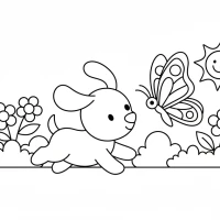 playful puppy chasing butterfly in backyard