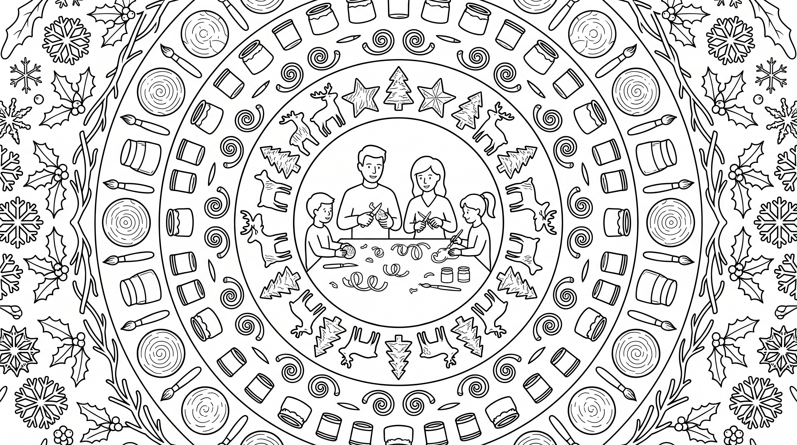 Christmas family craft corner scene coloring page to print