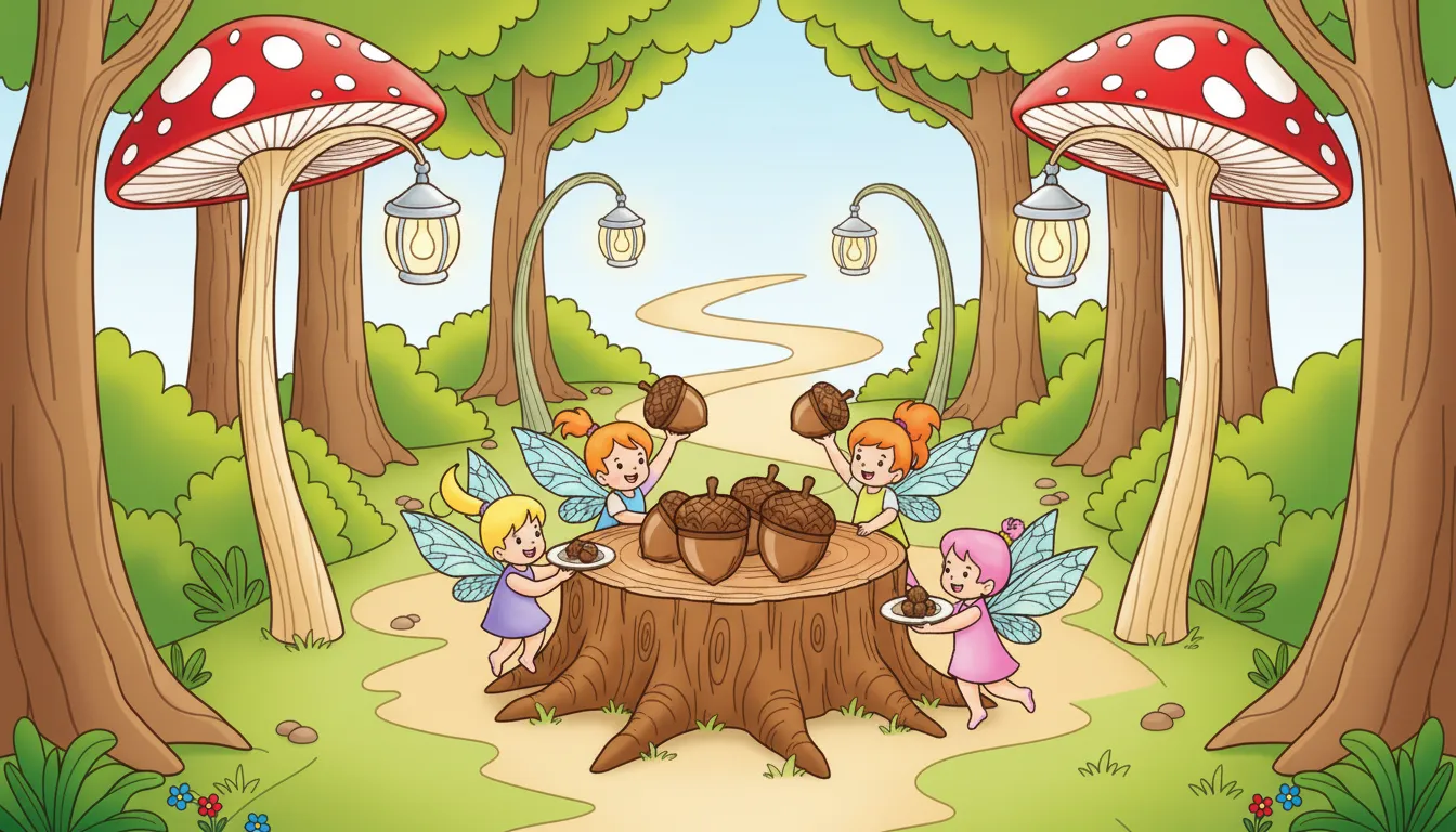 Enchanted forest path with lantern mushrooms and sprite servants coloring page to print