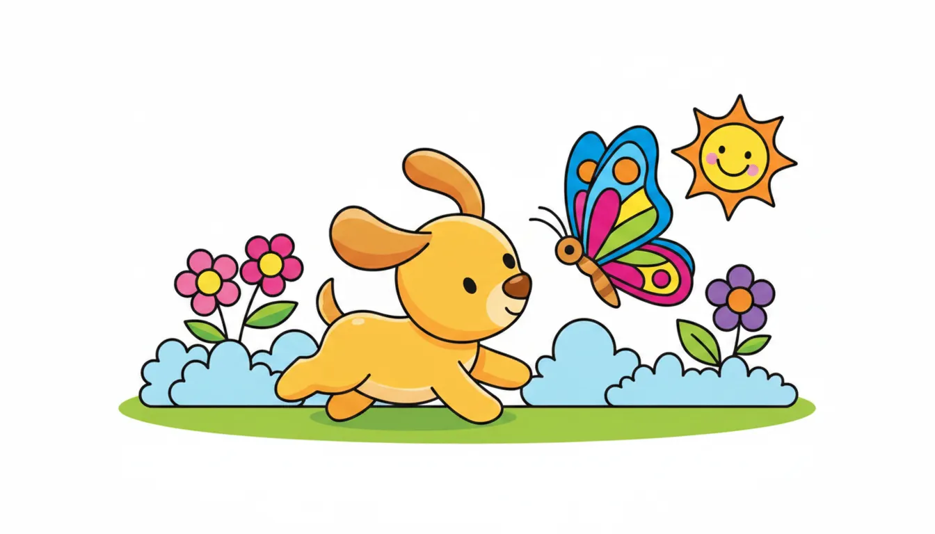 playful puppy chasing butterfly in backyard coloring page to print