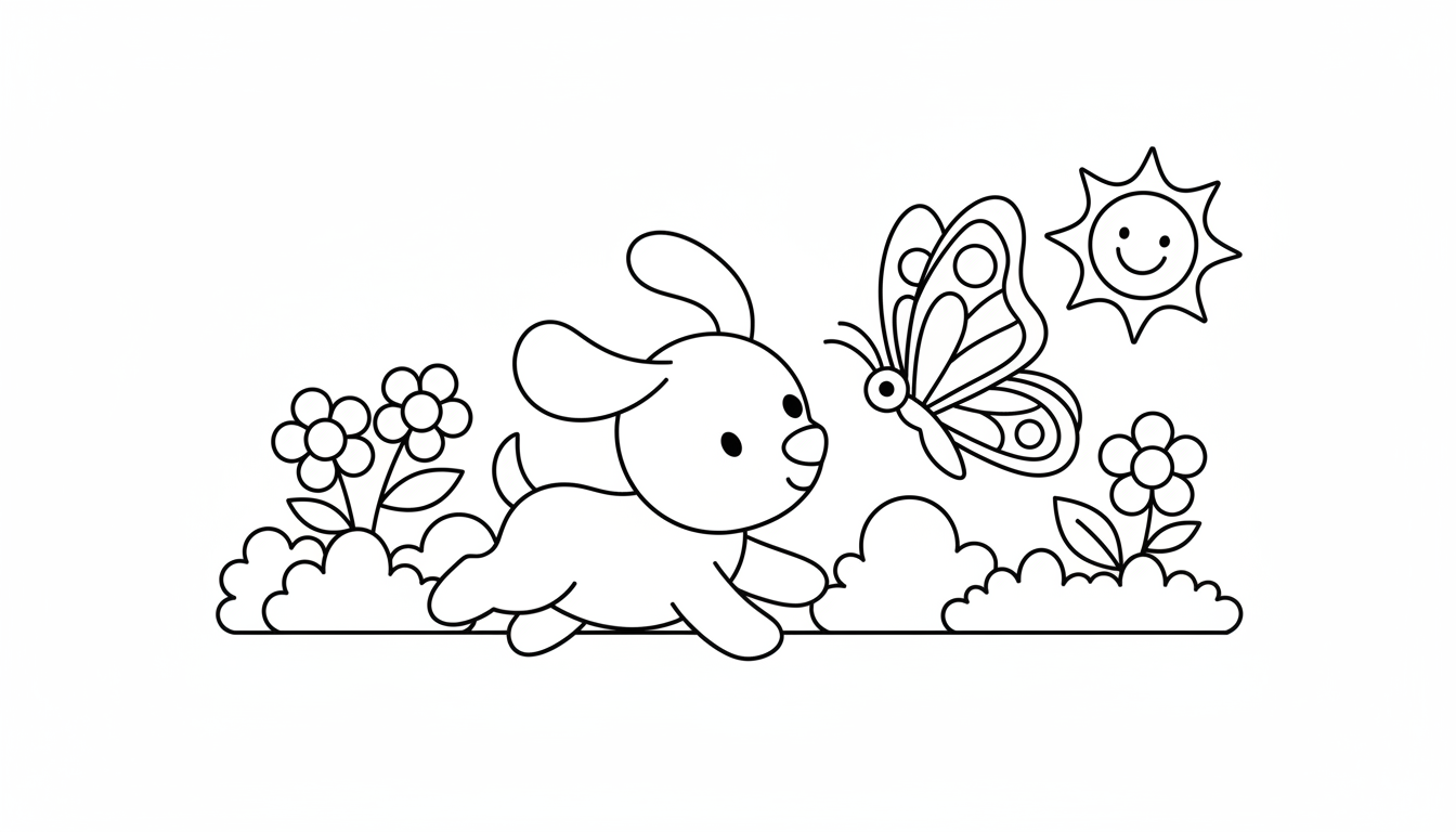 playful puppy chasing butterfly in backyard coloring page to print