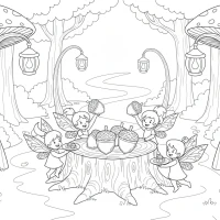 Enchanted forest path with lantern mushrooms and sprite servants
