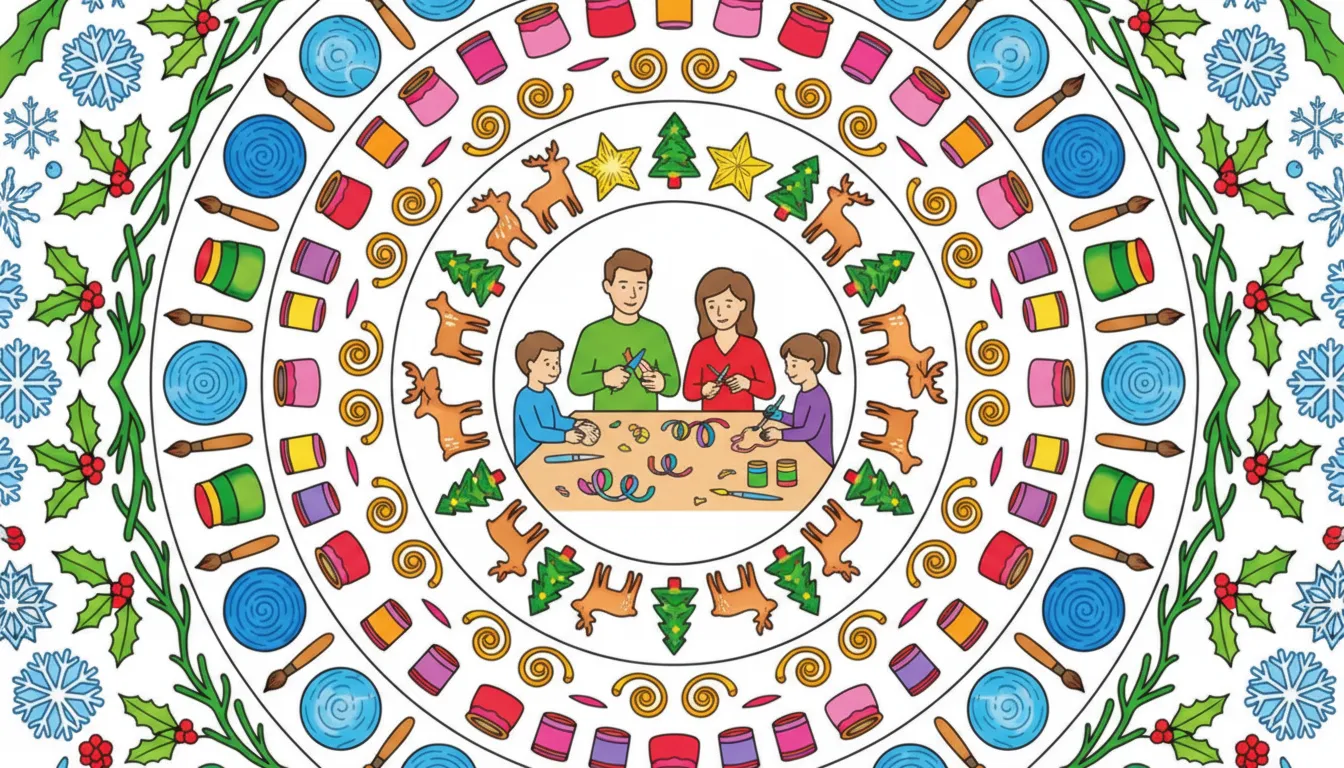 Christmas family craft corner scene coloring page to print