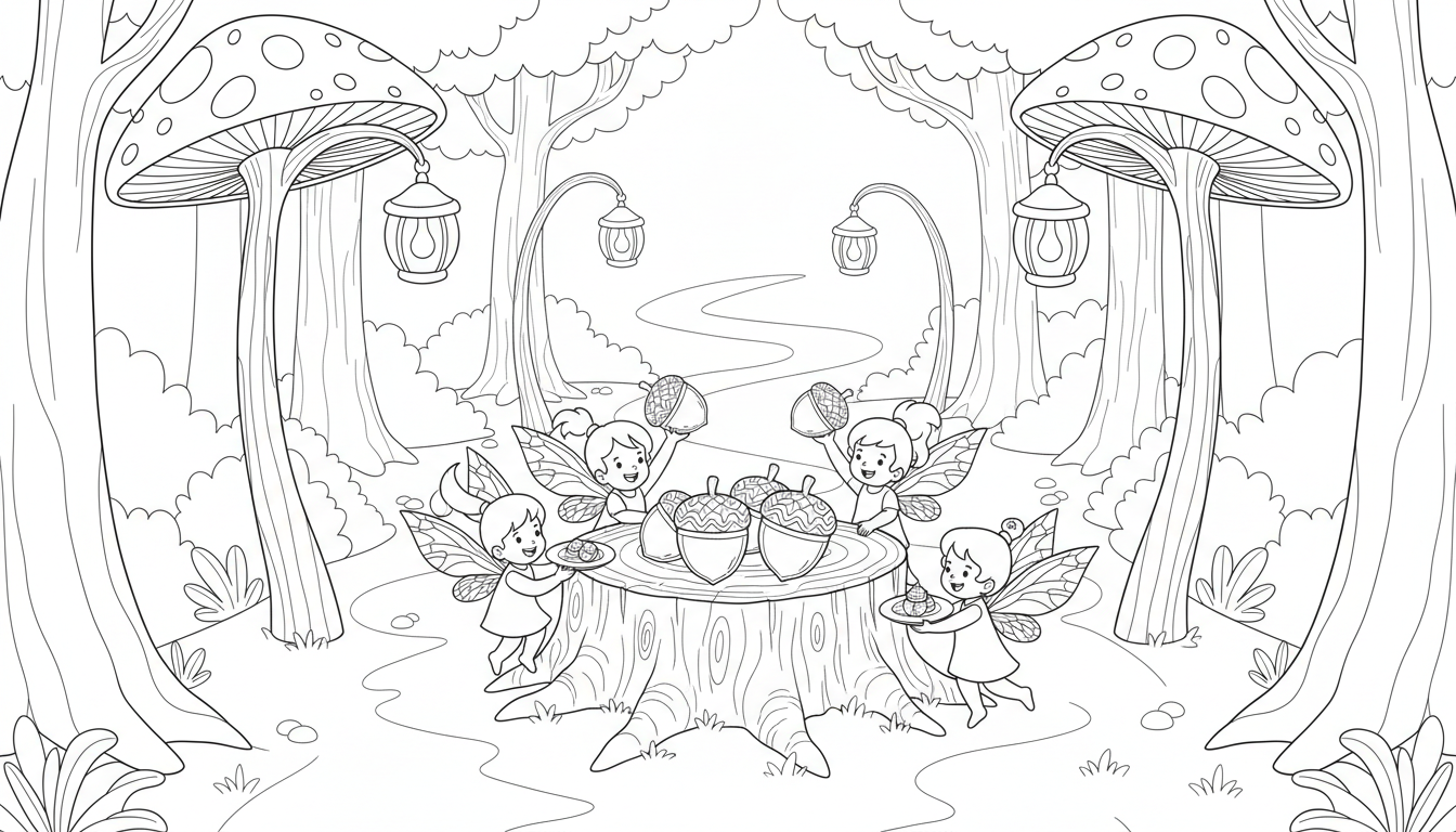 Enchanted forest path with lantern mushrooms and sprite servants coloring page to print