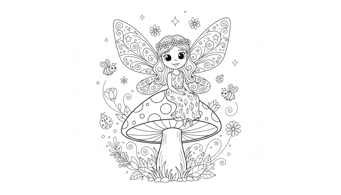 magical fairy sitting on toadstool with sparkling wings coloring page to print