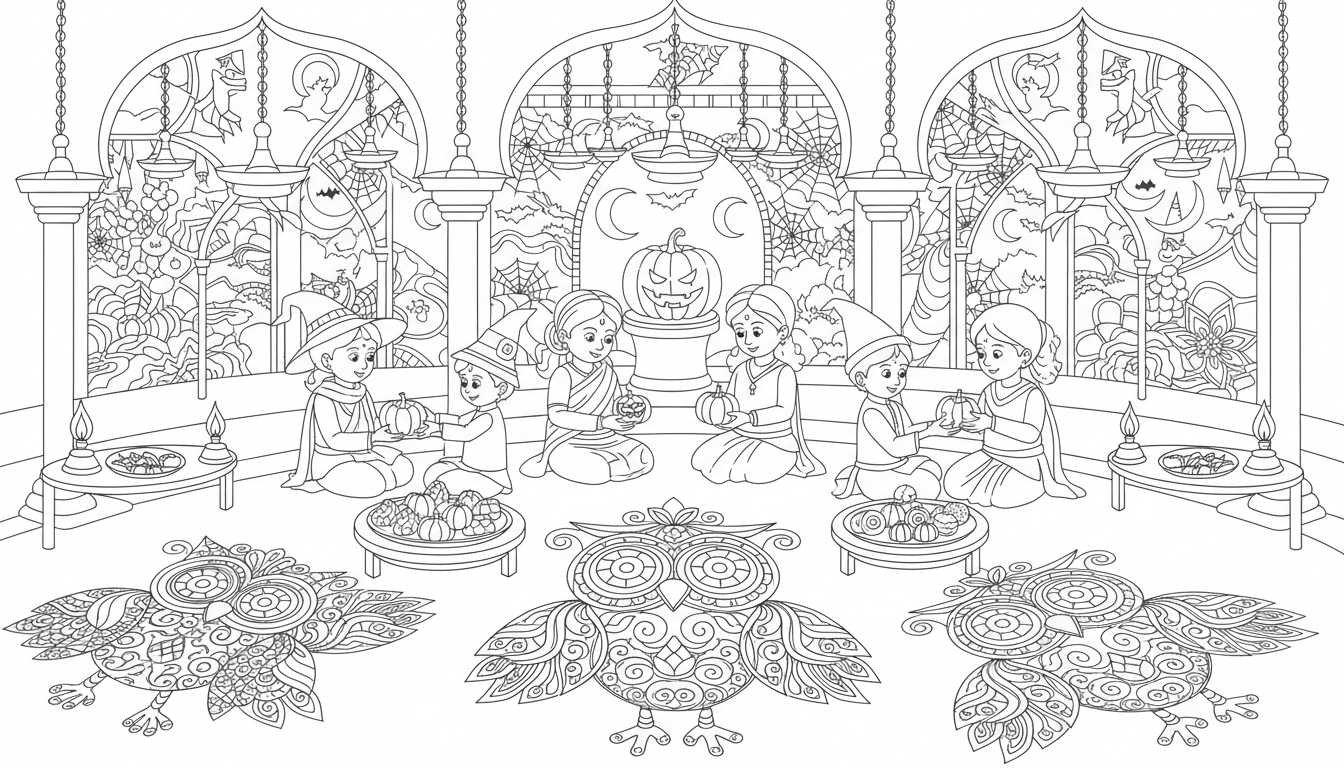 Indian courtyard during spooky harvest night coloring page to print
