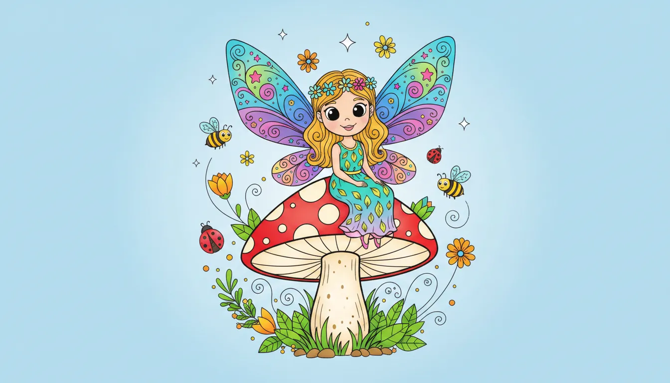 magical fairy sitting on toadstool with sparkling wings coloring page to print