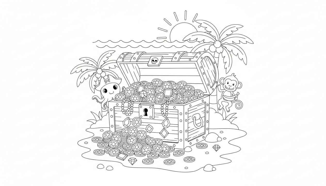 whimsical pirate treasure chest overflowing with coins and jewels coloring page to print