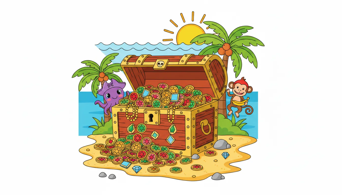 whimsical pirate treasure chest overflowing with coins and jewels coloring page to print