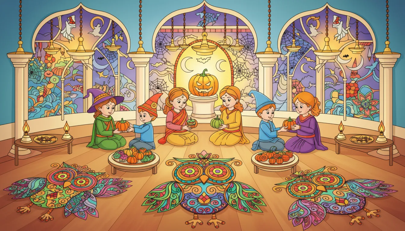 Indian courtyard during spooky harvest night coloring page to print