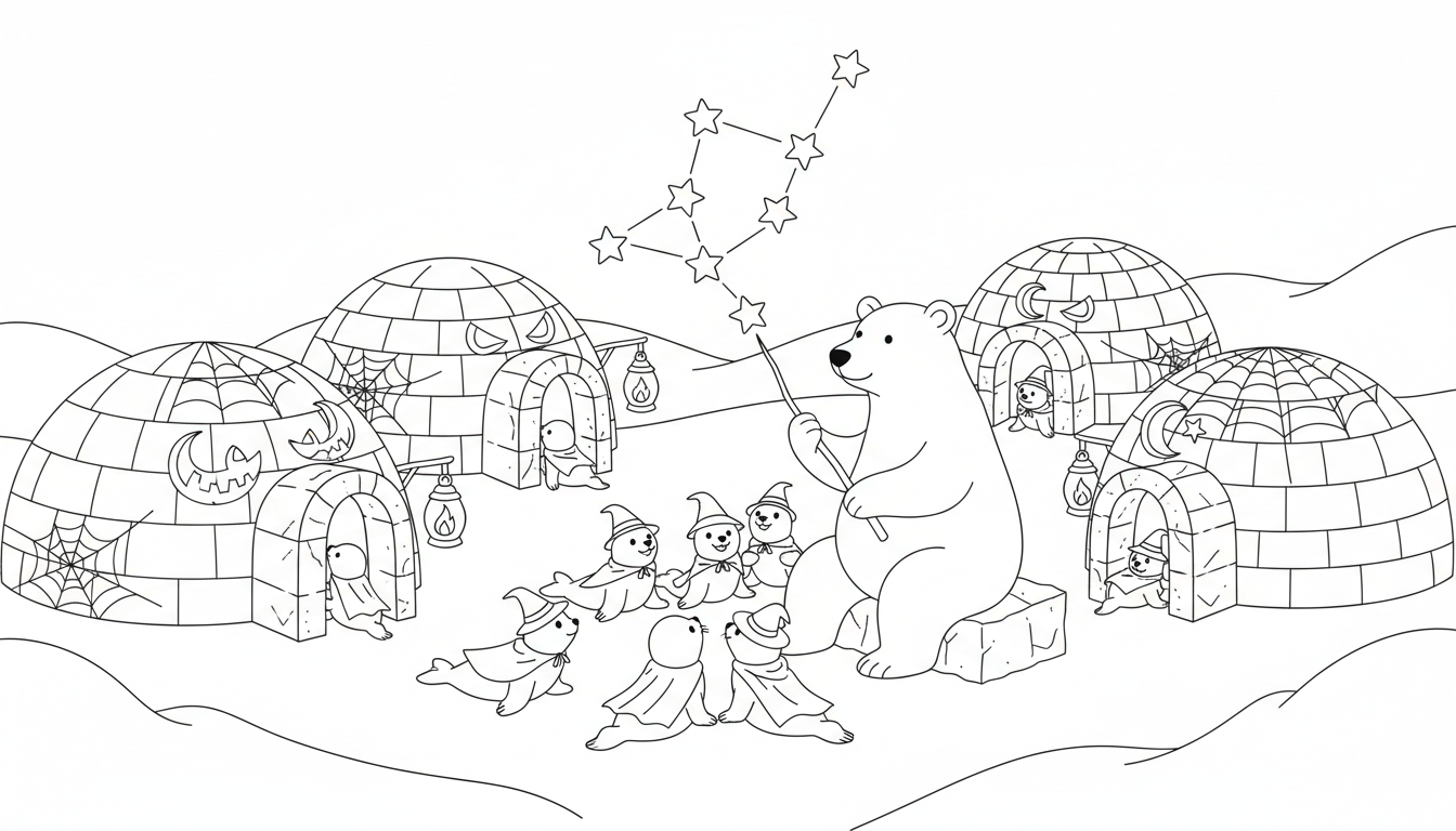 Arctic Halloween igloo village with seal pups and polar bears coloring page to print