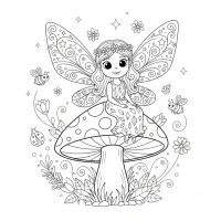magical fairy sitting on toadstool with sparkling wings