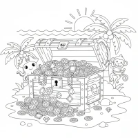 whimsical pirate treasure chest overflowing with coins and jewels