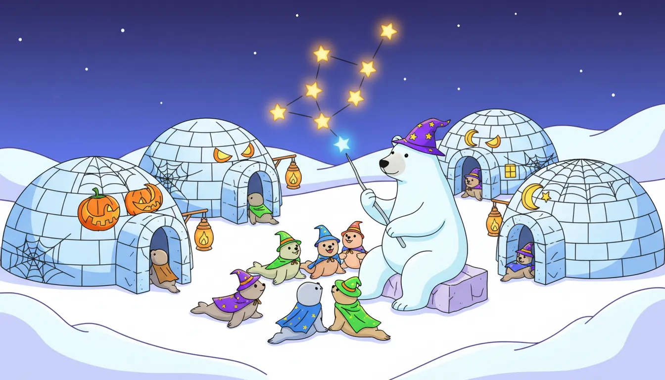 Arctic Halloween igloo village with seal pups and polar bears coloring page to print